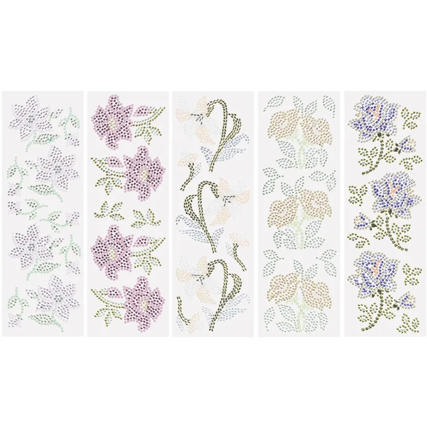 Strass-Ornamente, Blumen 2, verschiedene Designs und Farben, 5 Bogen