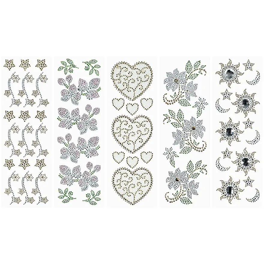 Strass-Ornamente, Sortierung 2, mehrfarbig, teilweise mit Veredelung, 5 Bogen