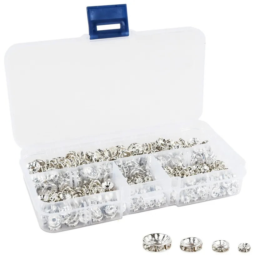 Strass-Rondelle in praktischer Box, 4 Größen, silber, 400 Stück