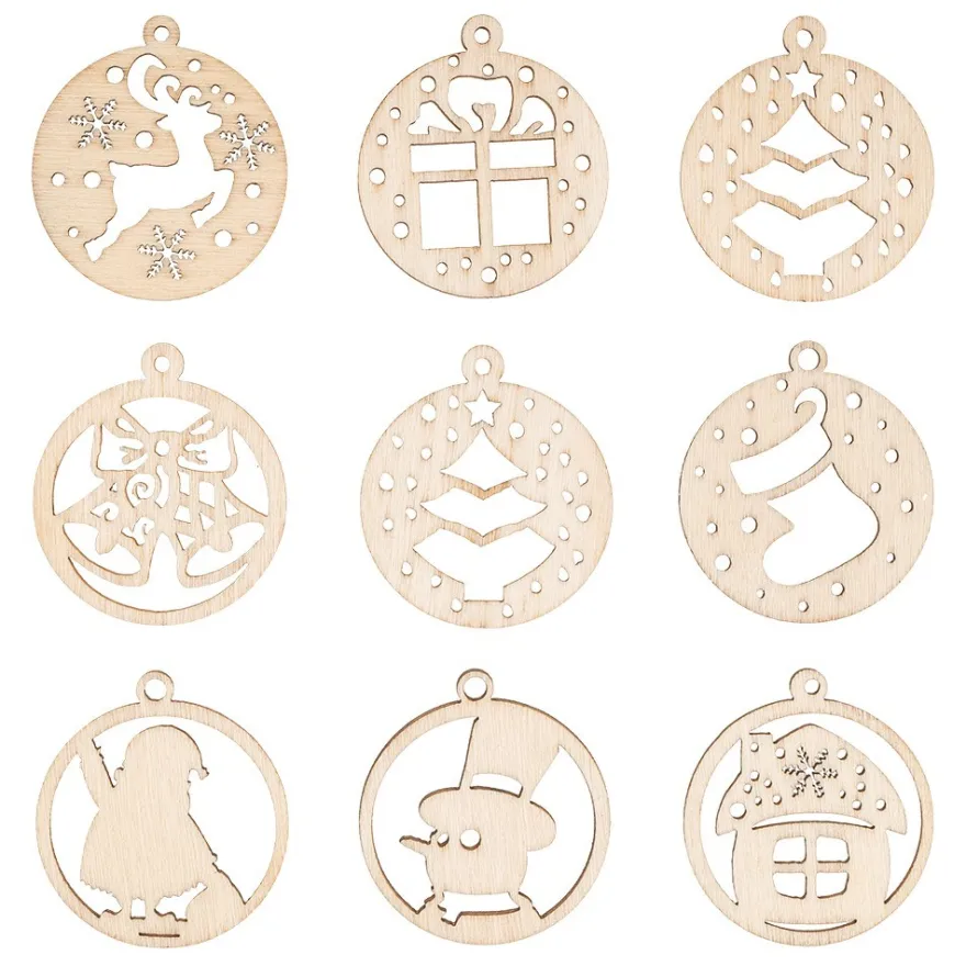 Streu-Deko, Holz, Baumschmuck, 8 Designs, 7x 7 Stück, 1x 14 Stück 1,6mm stark, natur, 63 Teile