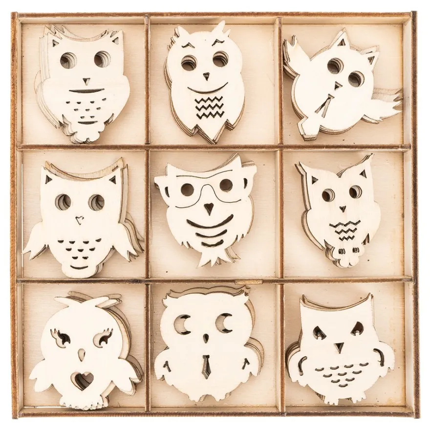 Streu-Deko, Holz, Eulen, 9 versch. Designs, je 7 Stück, 1,6mm stark, natur, 63 Teile