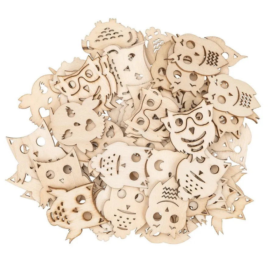 Streu-Deko, Holz, Eulen, 9 versch. Designs, je 7 Stück, 1,6mm stark, natur, 63 Teile