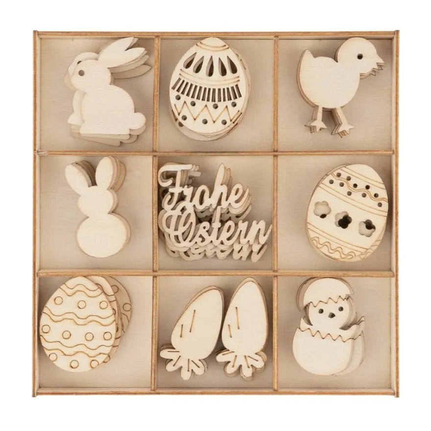 Streu-Deko, Holz, Frohe Ostern, 9 versch. Designs, je 6 Stück, 54-teilig