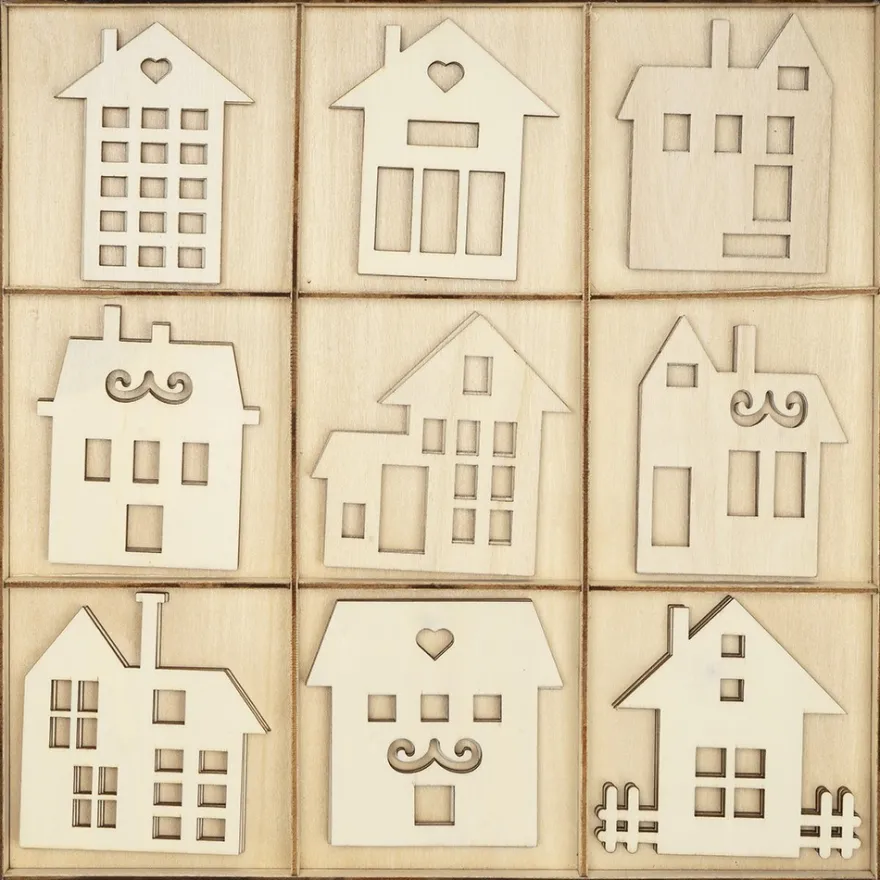 Streu-Deko, Holz, Häuser 2, 9 versch. Designs, je 3 Stück, natur, 27-teilig