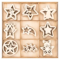 Streu-Deko, Holz, Sterne, 9 versch. Designs, je 7 Stück, 1,6mm stark, natur, 63 Teile
