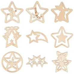 Streu-Deko, Holz, Sterne, 9 versch. Designs, je 7 Stück, 1,6mm stark, natur, 63 Teile