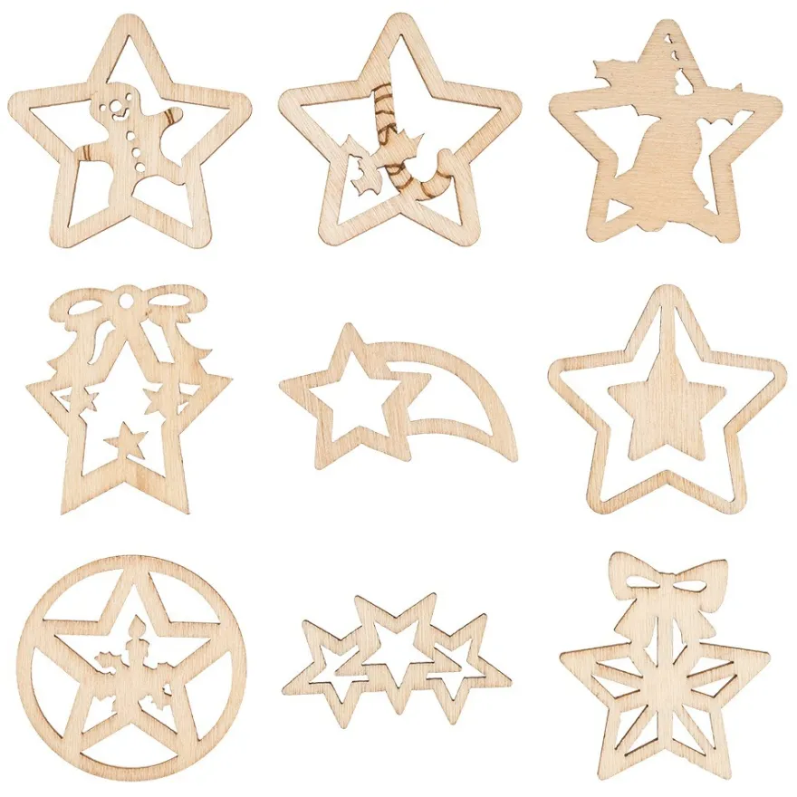 Streu-Deko, Holz, Sterne, 9 versch. Designs, je 7 Stück, 1,6mm stark, natur, 63 Teile