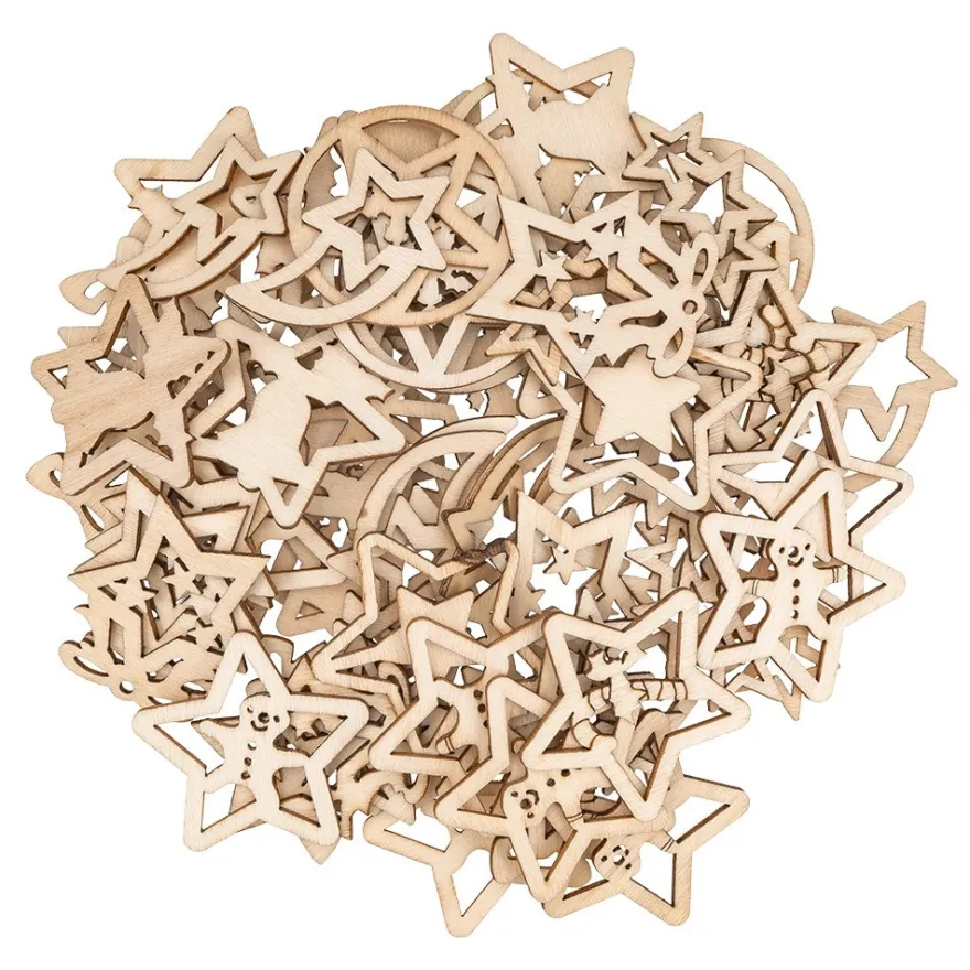 Streu-Deko, Holz, Sterne, 9 versch. Designs, je 7 Stück, 1,6mm stark, natur, 63 Teile