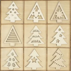 Streu-Deko, Holz, Tannenbäume, 9 versch. Designs, je 3 Stück, 8cm groß, 1mm stark, natur, 27-teilig