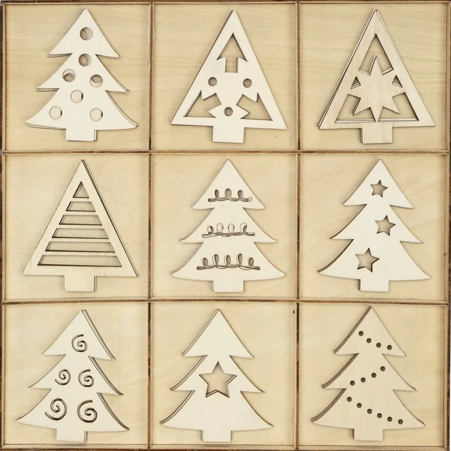 Streu-Deko, Holz, Tannenbäume, 9 versch. Designs, je 3 Stück, 8cm groß, 1mm stark, natur, 27-teilig