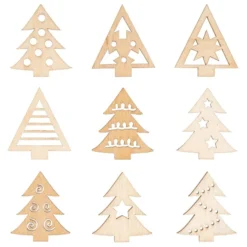 Streu-Deko, Holz, Tannenbäume, 9 versch. Designs, je 7 Stück, 1,6mm stark, natur, 63 Teile