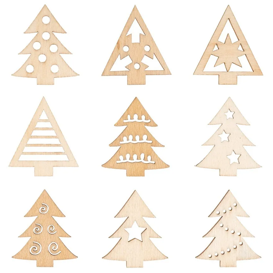 Streu-Deko, Holz, Tannenbäume, 9 versch. Designs, je 7 Stück, 1,6mm stark, natur, 63 Teile