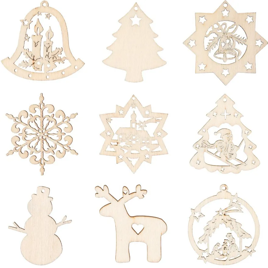 Streu-Deko, Holz, Weihnachten 2, 9 versch. Designs, je 3 Stück, 1,6mm stark, natur, 27 Teile