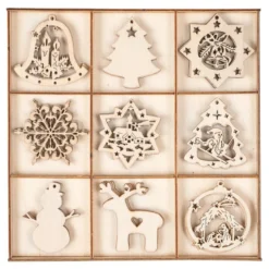 Streu-Deko, Holz, Weihnachten 2, 9 versch. Designs, je 3 Stück, 1,6mm stark, natur, 27 Teile