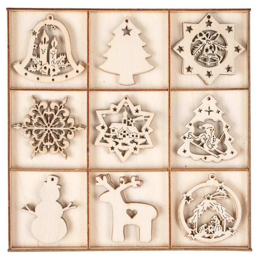 Streu-Deko, Holz, Weihnachten 2, 9 versch. Designs, je 3 Stück, 1,6mm stark, natur, 27 Teile