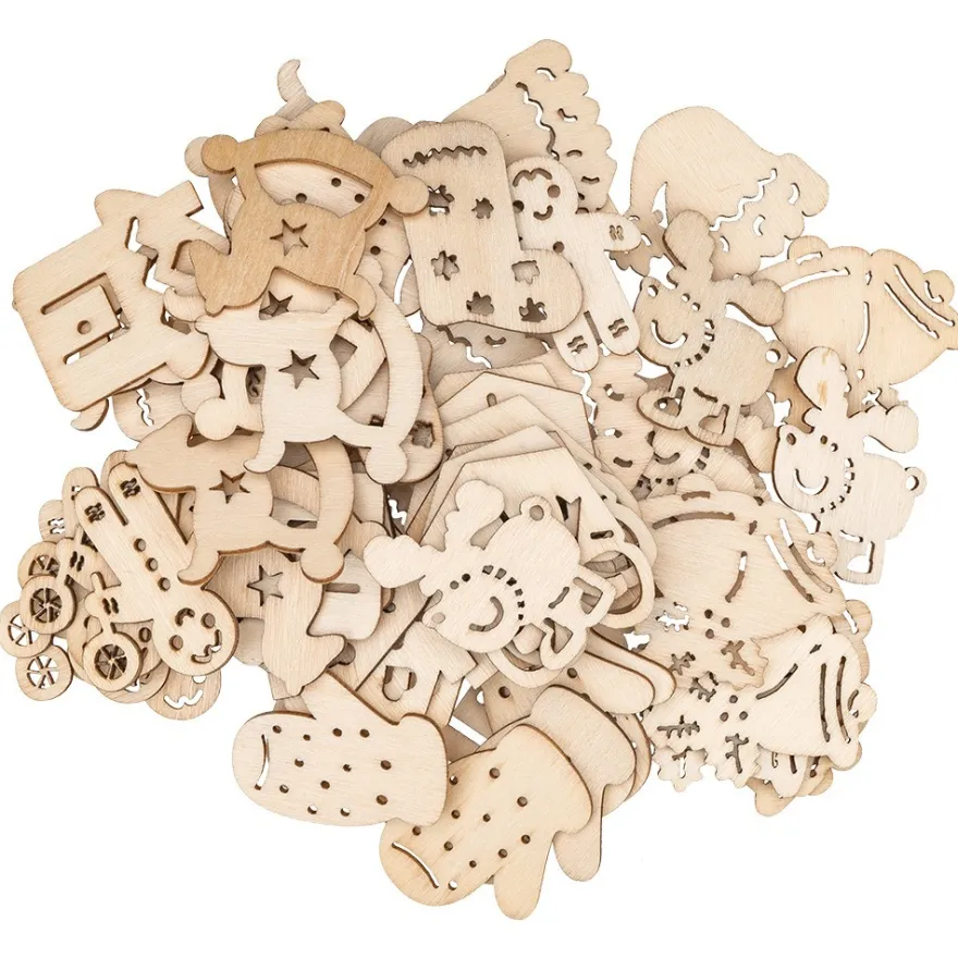 Streu-Deko, Holz, Weihnachten, 9 versch. Designs, je 7 Stück, 1,6mm stark, natur, 63 Teile