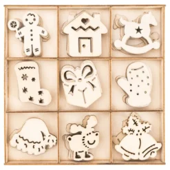 Streu-Deko, Holz, Weihnachten, 9 versch. Designs, je 7 Stück, 1,6mm stark, natur, 63 Teile