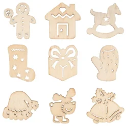 Streu-Deko, Holz, Weihnachten, 9 versch. Designs, je 7 Stück, 1,6mm stark, natur, 63 Teile