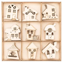 Streu-Deko, Holz, Wichtel-Häuser, 9 versch. Designs, je 7 Stück, 1,6mm stark, natur, 63 Teile