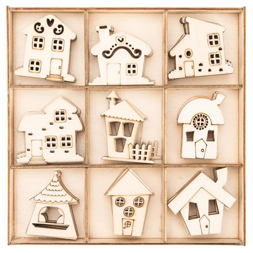 Streu-Deko, Holz, Wichtel-Häuser, 9 versch. Designs, je 7 Stück, 1,6mm stark, natur, 63 Teile