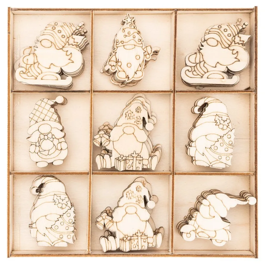 Streu-Deko, Holz, Wichtel, 6 versch. Designs, 3x 7 Stück, 3x 14 Stück 1,6mm stark, natur, 63 Teile