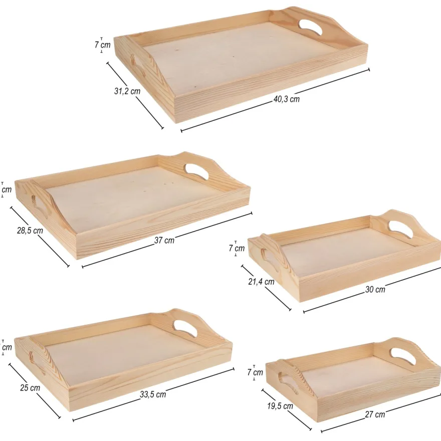 Tabletts, Holz, mit Tragegriff, verschiedene Größen, 5 Stück