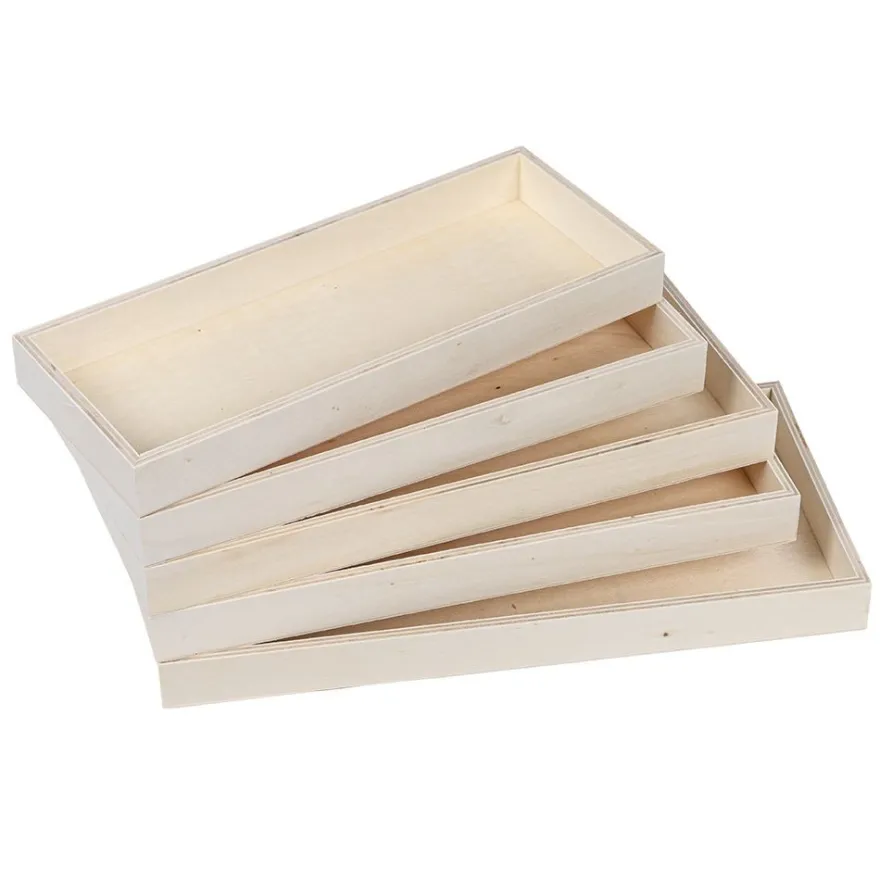 Tabletts, Holz, rechteckig, 3 Größen, ohne Griff, 5 Stück