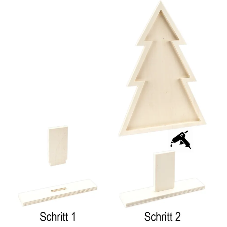 Tannen aus Holz, zum Aufstellen, 2 verschiedene Ausführungen, jeweils mit Sockel, 6-teilig