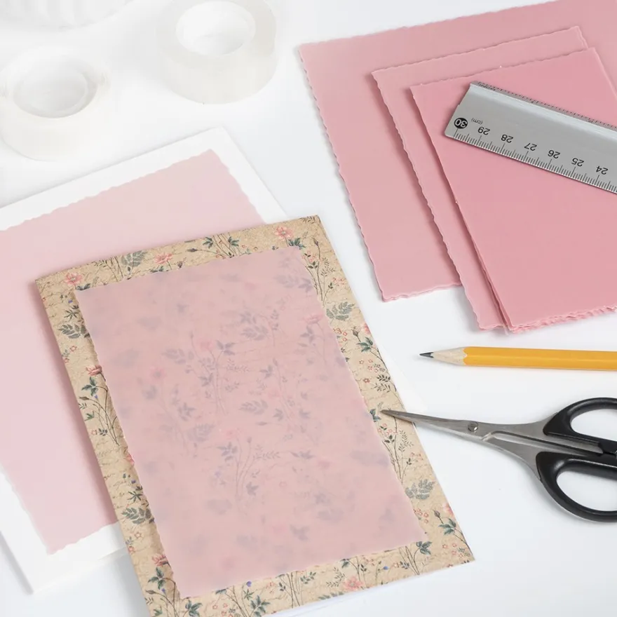 Transparentpapier-Aufleger, mit Büttenrand, 8cm x 13cm, 130g/m², altrosa, 20 Blatt