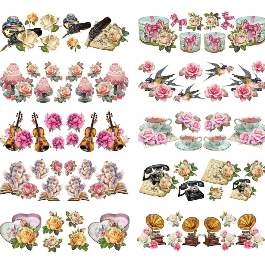 Transparent-Stickerbogen, Vintage Rosengrüße, verschiedene Designs, 10cm x 30cm, 10 Bogen