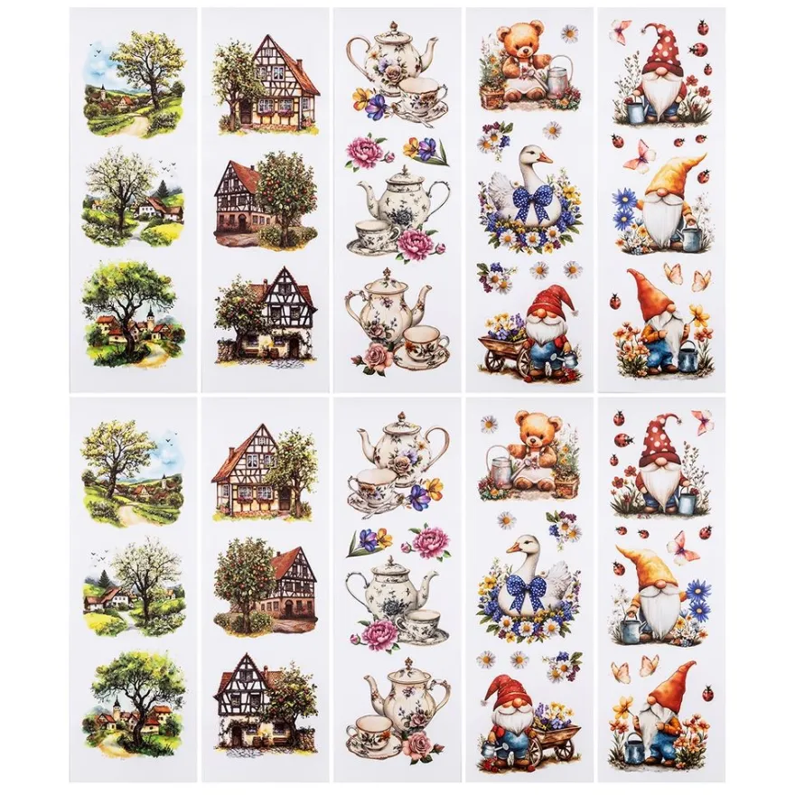 Transparent-Sticker, Garten- und Dorfidylle, verschiedene Designs, 10cm x 30cm, 10 Bogen