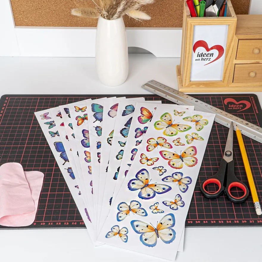 Transparent-Sticker, Schmetterlinge, versch. Designs, mit Glitzerveredelung, 10cm x 30cm, 10 Bogen