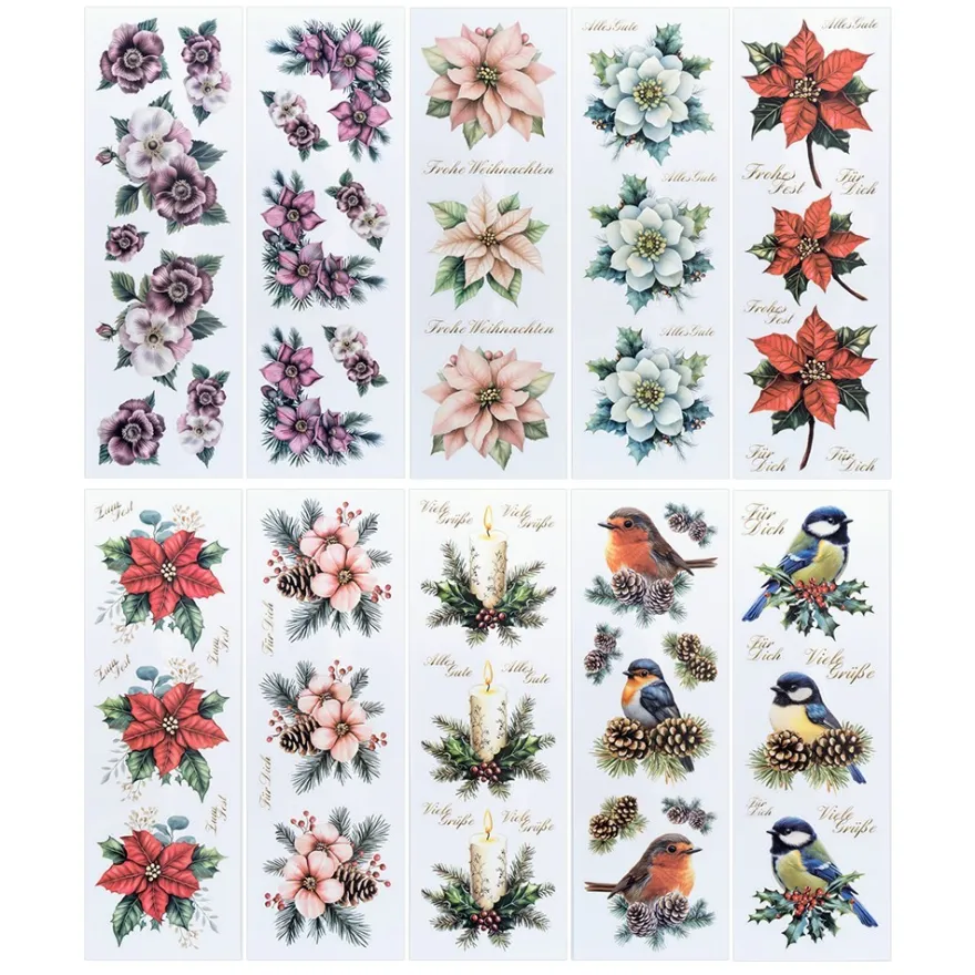 Transparent-Sticker, Winter-Floristik, verschiedene Designs, 10cm x 30cm, 10 Bogen