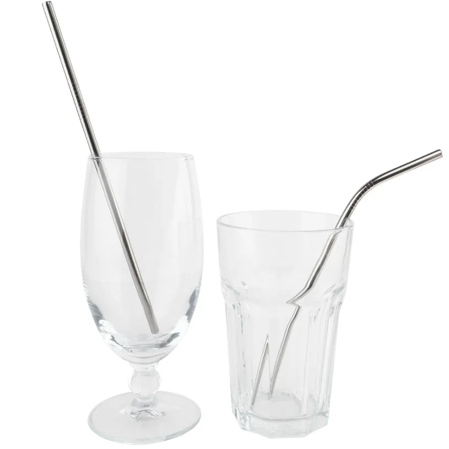 Trinkhalme aus Edelstahl, Ø 0,6cm, 20,5cm lang, 12 gerade & 12 gebogene, 2 Bürsten, 26-teilig