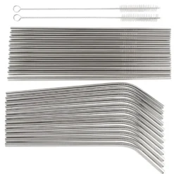 Trinkhalme aus Edelstahl, Ø 0,6cm, 20,5cm lang, 12 gerade & 12 gebogene, 2 Bürsten, 26-teilig