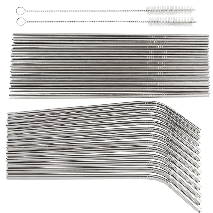 Trinkhalme aus Edelstahl, Ø 0,6cm, 20,5cm lang, 12 gerade & 12 gebogene, 2 Bürsten, 26-teilig