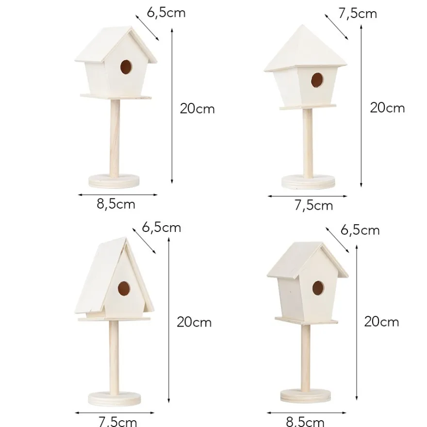 Vogelhäuschen aus Holz, zum Aufstellen, 4 verschiedene Größen, 4 Stück