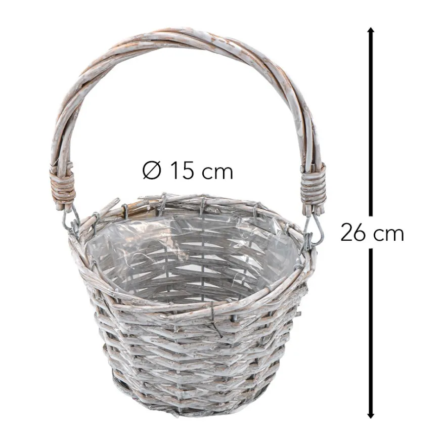 Weidenkorb, mit Henkel & Folie, Ø15cm, 26cm hoch, grau mit transparenter Folie