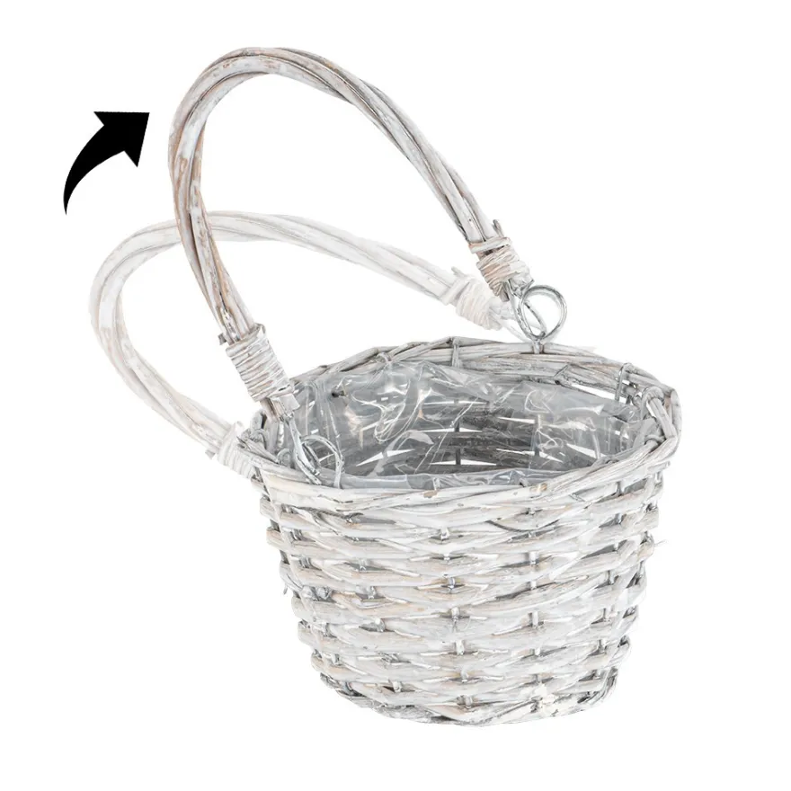 Weidenkorb, mit Henkel & Folie, Ø15cm, 26cm hoch, grau mit transparenter Folie