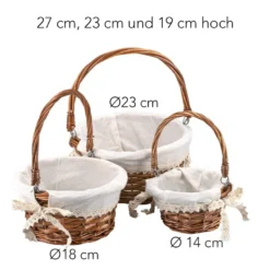 Weidenkörbe, 3 Größen, braun mit naturweißem Stoff, Henkel klappbar, 3 Stück
