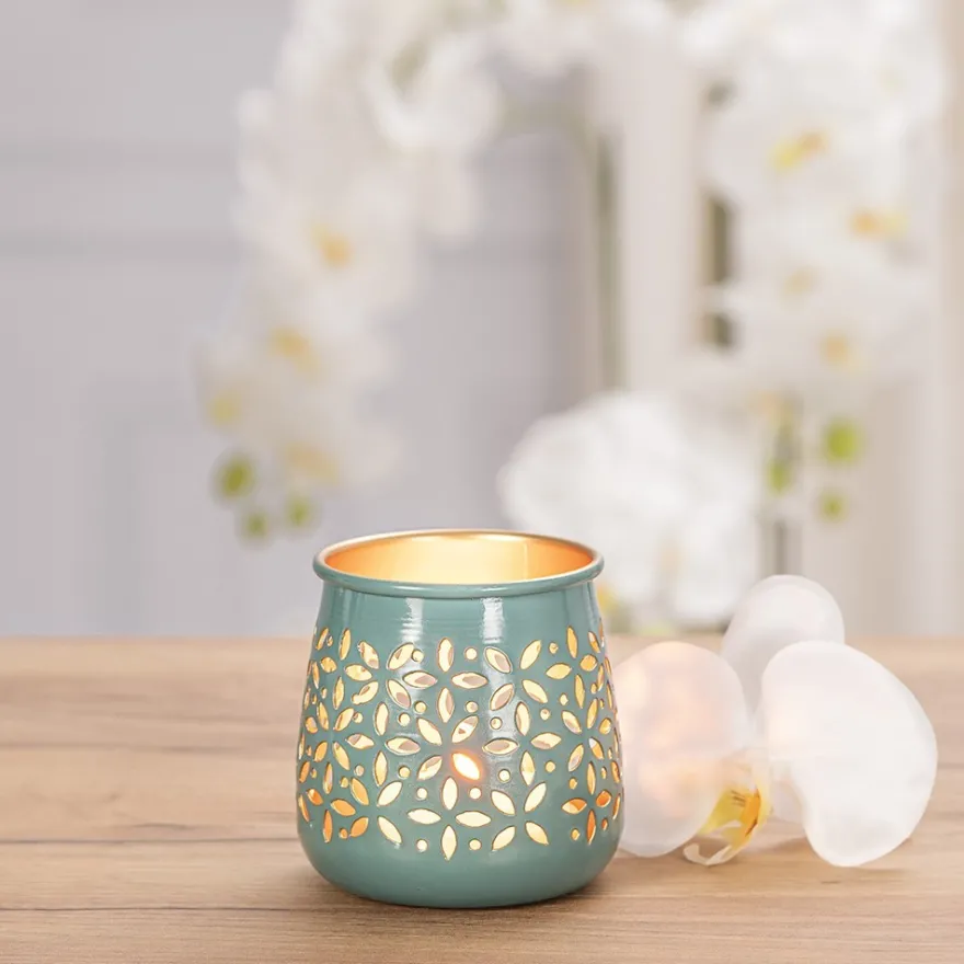 Windlichter mit Blumen-Ornamentik, 9,5cm hoch, petrol, 4 Stück
