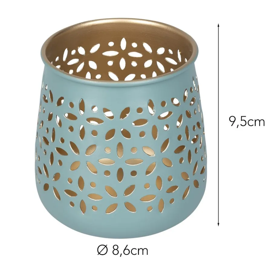 Windlichter mit Blumen-Ornamentik, 9,5cm hoch, petrol, 4 Stück