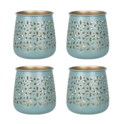 Windlichter mit Blumen-Ornamentik, 9,5cm hoch, petrol, 4 Stück
