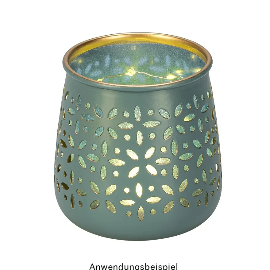 Windlichter mit Blumen-Ornamentik, 9,5cm hoch, petrol, 4 Stück