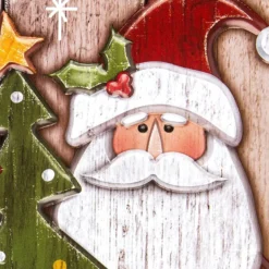 XL Relief-Sticker in Holz-Optik, Weihnachtsmann auf Holzpaneelen, 41cm x 24cm